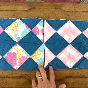 Two Soft Old Hand-Stitch Patchwork Quilted Squares in Blue / 9" Quilt Blocks