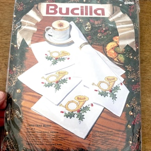 Vintage Bucilla Counted Cross Stitch Christmas Napkins Kit / Horns and Holly 8 Piece Napkin Set to Cross Stitch for the Holidays