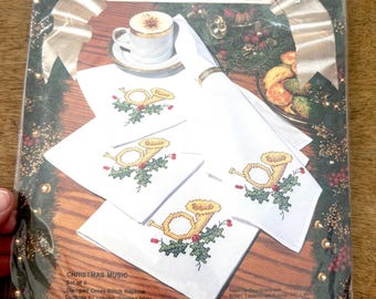 Vintage Bucilla Counted Cross Stitch Christmas Napkins Kit / Horns and Holly 8 Piece Napkin Set to Cross Stitch for the Holidays
