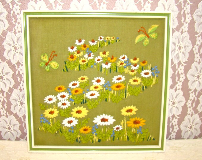 Vintage Embroidered Wall Art Framed. 1970s Decor. Olive Etsy