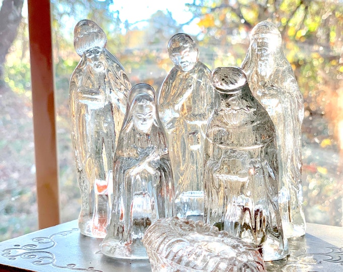 Vintage Glass Nativity Set, Small / 4 Nativity Figures Clear Glass