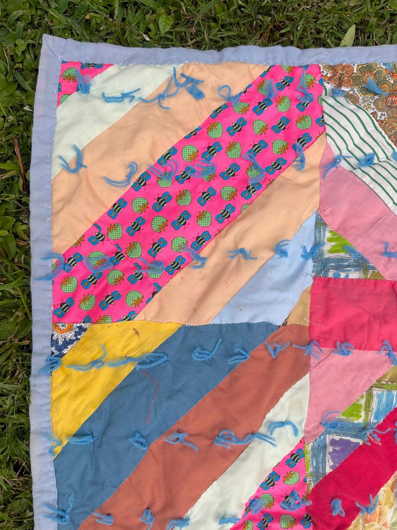 Scattered Patchwork Vintage Quilt With Bright, Cherry Patchwork of Vintage Fabrics and Pink ...