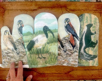 Four Oven Mitts with Animals: Birds and Skunk