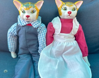 Vintage Porcelain Cat Head Dolls Matching Pair Girl and Boy