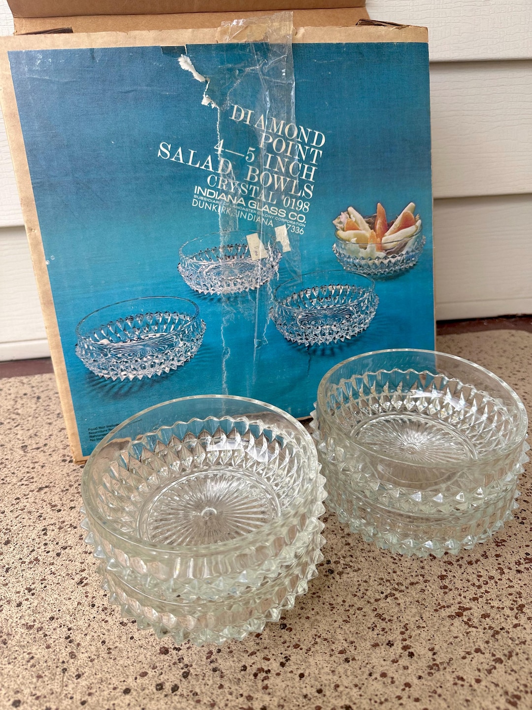 Vintage Indiana Glass Diamond Point Clear Salad Bowl Set With Original ...