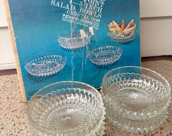 Vintage Indiana Glass Diamond Point Clear Salad Bowl Set with Original Box