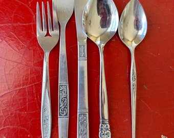 Vintage Assorted Stainless for Four: Five-PIece Place Setting for Four People Plus Serving Pieces All Different Patterns Lot # 3