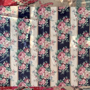 Vintage Waverly Sateen Fabric Piece Navy with Roses / Shabby Chic Fabric Remnant / 53 x 34.5&quot;