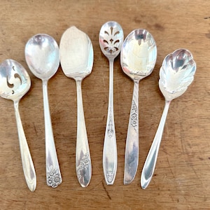 Vintage Silver Plate Serving Spoons Assorted Set of Six, All Unique For Dips, Sauces, Sugar