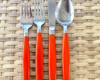 Vintage Stainless Flatware with Orange Plastic Handles for Four / 16 Piece Lot with Three Tablespoons and One Teaspoon