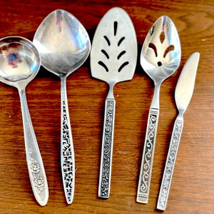 Mid Century Stainless Serving Utensils Five Piece Assorted Lot / MCM Serving Pieces in Assorted Patterns / Five Piece Serving Set