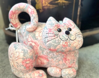 Vintage Handmade Stuffed Cat Door Stop in Pink Chintz / Adorable Smiling Kitty Doorstop