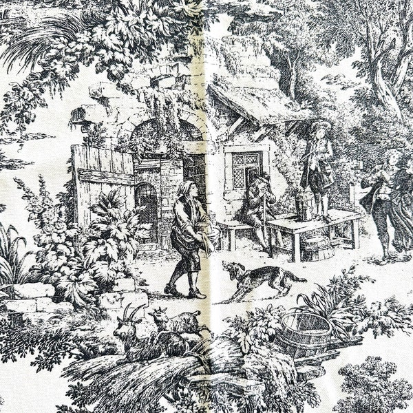 Vintage Black and White Toile Cotton Shower Curtain 68 x 64"