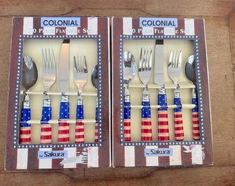 Vintage Sakura American Flag Silverware Set in Original Box 20 Piece Set 5 Piece Setting for Four