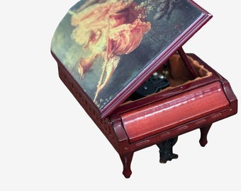 Sweet Vintage Wooden Mini Piano Music Box with Swinging Girl in Beautiful Gown
