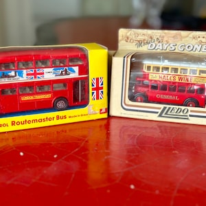 Two Mini London Double Deckers / Vintage Diecast Models / 1980s Lledo Hall&#39;s Wine Bus and Seerol Routemaster Bus /