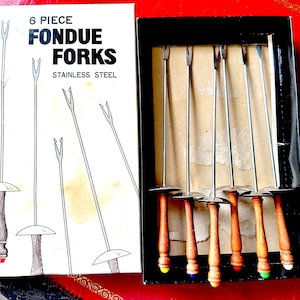 Mid Century Fondue Fork Set Stainless and Wood and Original Box, Set of 6 / Vintage Fondue Forks with Different Colored Dots