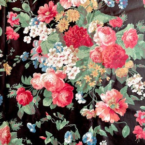 Black Sateen Fabric with Pink Roses / Vintage Shabby Chic Floral Sateen Fabric / Large Pieces 65&quot; Long x 42.5&quot; Wide / Two Pieces Available