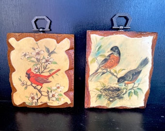 Retro Mini Art Pair / Decoupage Birds on Wood with Hangers, So Sweet