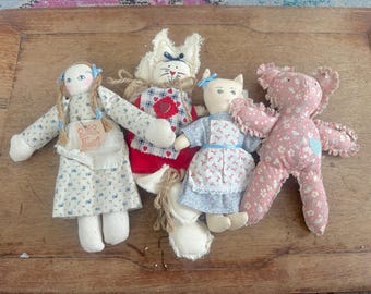 Vintage Small, Soft Country Doll Lot with Girl, Cats, and Teddy