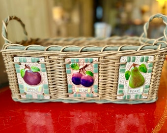 Lovely Vintage Basket with Ceramic Fruit Tiles on Side