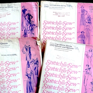 Four 70s Stretch & Sew Sewing Patterns for Women&#39;s Tops/Dresses, Size 28-44: Tab Front Dress, Shirt Dress/Blouse, Peasant Dress, Kimono