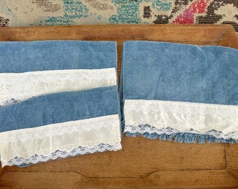 Two Blue Vintage Washcloths and a Matching Fingertip Towel with Lace