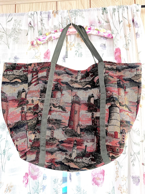 Vintage Fabric Tote with Lighthouse Tapestry Fabri