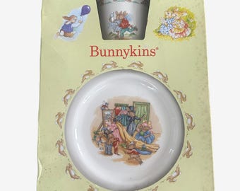 1989 Royal Doulton Bunnykins 3 Piece Children's Porcelain Dish Set: Cup, Bowl, and Plate in Original Box