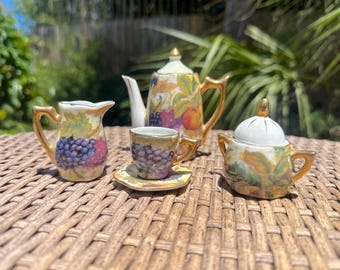 Vintage Miniature Floral Tea Set: Doll Size, Teapot, Creamer, Sugar, Cup & Saucer