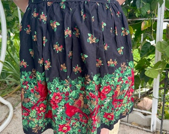 Vintage Christmas Apron with Holly, Pinecones, and Cardinals on Black Background, So Pretty