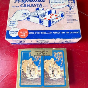 Vintage Gainsborough Playing Cards Double Deck Canasta Cards with Card Holder in Box / The Alamo Canasta Cards and Holder