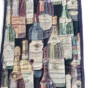 Vintage Table Runner with Wine Bottles / Thick Woven Short Runner with Wine Motif / 14 x 54"