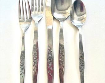 Vintage Floral Stainless Silverware for Four Five-piece Place