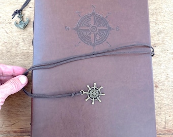Leather Sketch Journal with Black Cardstock Paper and Three Rings / Compass Design