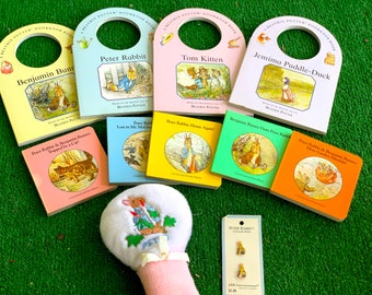 Vintage Peter Rabbit Lot for Baby: 9 Board Books, Plushie Rattler, and Enamel Button Set / Clean and Sweet / Retro Nursery Book Nook or Gift