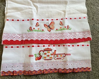 Sweet Cross Stitch Kitchen Towels with Butterfly and Teapot in Red and White