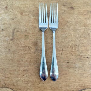 May include: Two identical silver-toned metal forks with four tines each. The forks feature a smooth, polished finish on the handles and a classic design with a slightly tapered neck leading to the tines. The metal surface reflects light evenly.