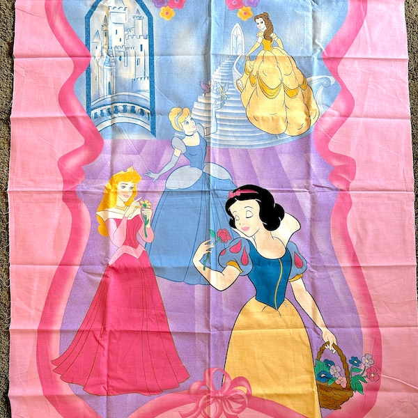 Vintage Original Disney Princesses Fabric / Crib Sheet Sized Panel for Crafting, with Snow White, Cinderella, and Sleeping Beauty