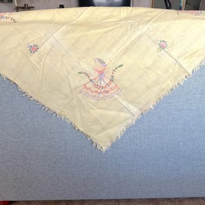 Vintage Embroidered Pale Yellow Square Doily or Table Cover with Ladies with Floral Garland