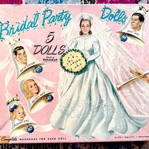 Vintage Bridal Party Paper Doll Set with Original Box and Dolls NOT a Reproduction / Five Dolls with Clothing