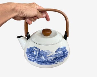 Lovely Vintage Blue Willow Style Enamel Tea Kettle Wooden Handle / Blue and White Tea Kettle