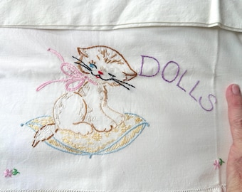 Vintage Embroidered Pillowcases with Kittens on Pillows Matching Pair Standard Size