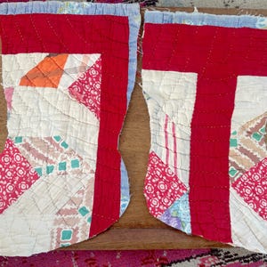 Vintage Patchwork Quilted Stocking Front and Back to Stitch Together / Shabby Vintage Hand Stitched Quilted Stocking to Finish 14 x 10"