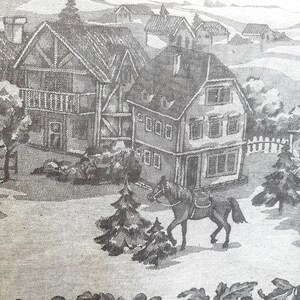 Slående och stor rektangulär NOS-duk med lantlig bymotiv av Lina Vasi i bomull