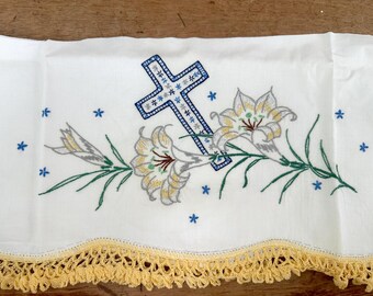 Vintage Pillowcase Edge with Yellow Lace Trim, Lillies, and a Cross