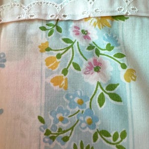 Beautiful Vintage Queen Flat Sheet with Eyelet Trim and Pink Roses on Pale Blue Background