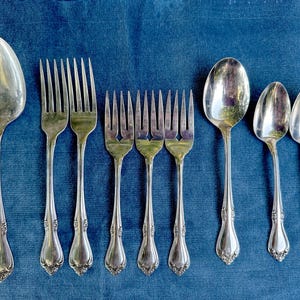 May include: A set of nine silver-plated utensils, including a soup spoon, a dinner spoon, and seven forks. The utensils have ornate handles with a floral design.