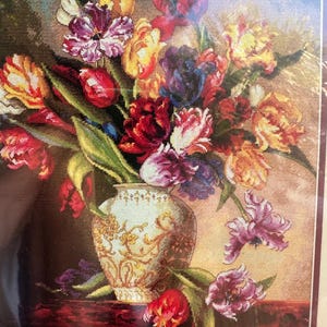 Striking Tulips in a Vase Wall Art to Make / Vintage Dimensions Gold Collection Parrot Tulips Cross Stitch Kit NOS