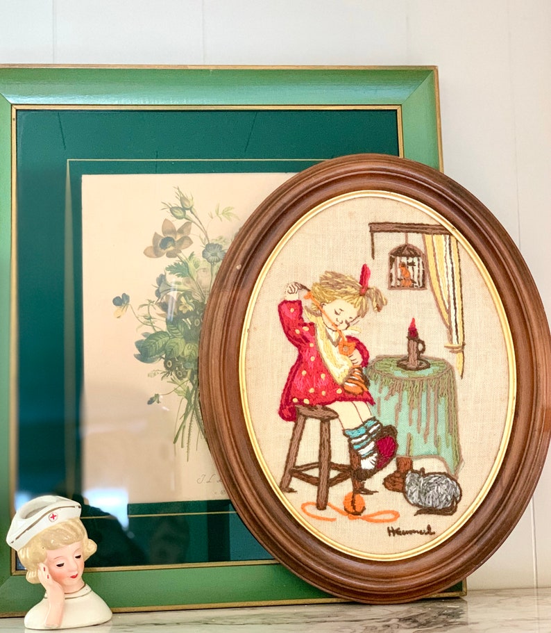 Vintage Hummel Embroidery Framed Crewel Art Child Sewing with Bird